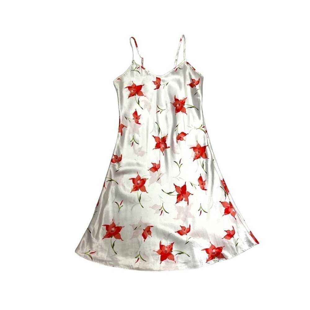 Easy Solution satin slit dress size S mini white & printed red green floral